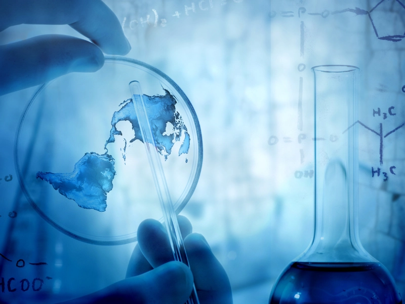 World map inside a petri dish, representing global scientific policy change